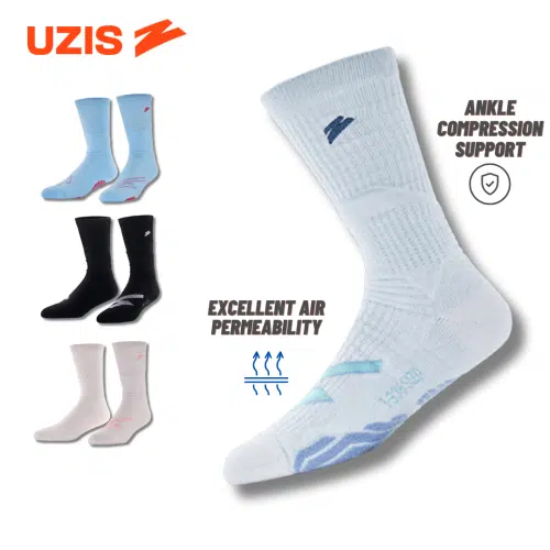 Uzis Windrider High-cut Anti-slip Sport Socks Breathable Performance Socks Malaysia Uzis windrider high-cut sport socks in blue, black, and white, featuring ankle compression support and breathable design for superior comfort. | sport-9. Com