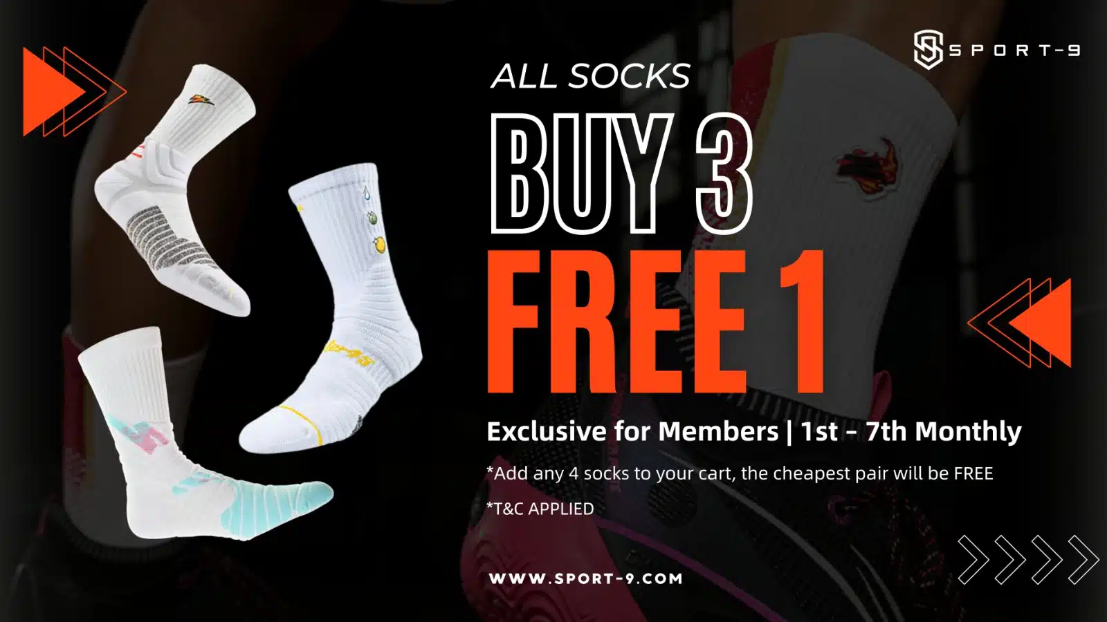 Sport-9 Buy 3 Free 1 Sports Socks Promotion Banner Malaysia Buy 3 free 1 sports socks malaysia anti-slip basketball gym socks promotion banner | sport-9. Com
